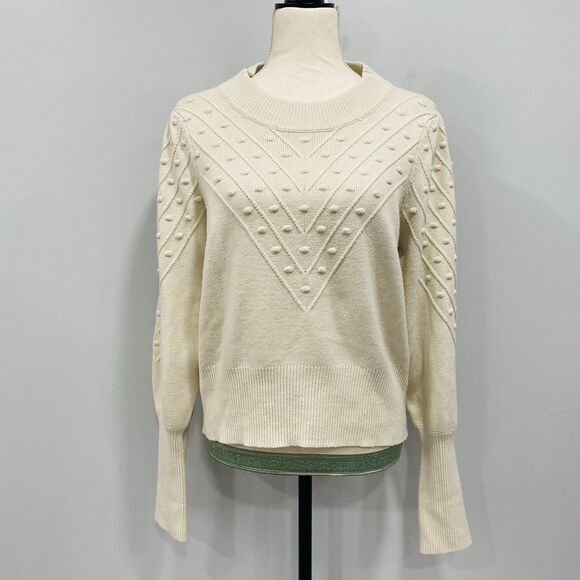 French Connection L Cropped Bobble-Stitch Knit Sweater Cream Cottage Preppy Chic - Picture 1 of 16